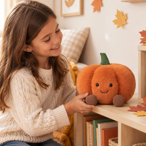 Enfant décorant sa chambre avec la peluche citrouille