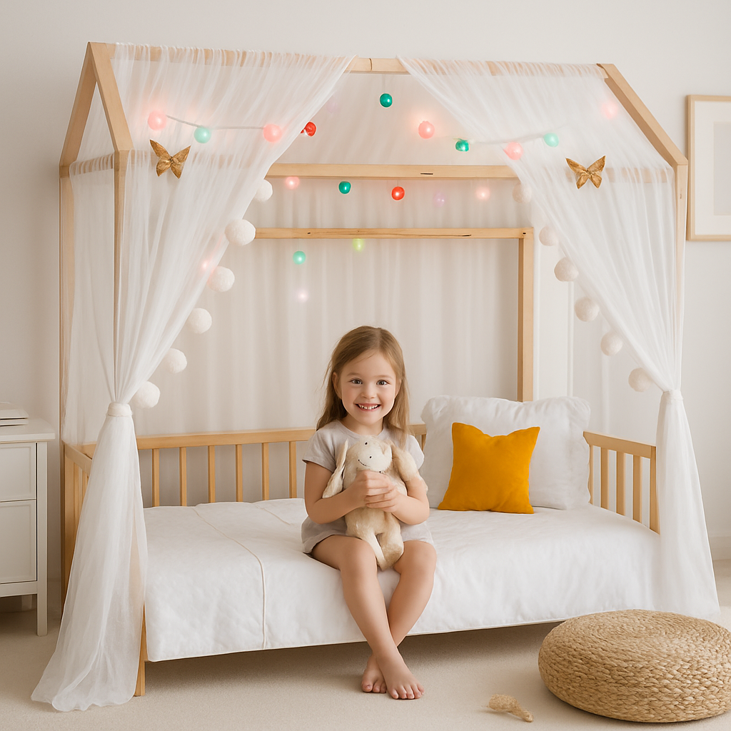 enfant dans ciel de lit cabane blanc
