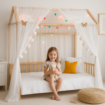 enfant dans ciel de lit cabane blanc