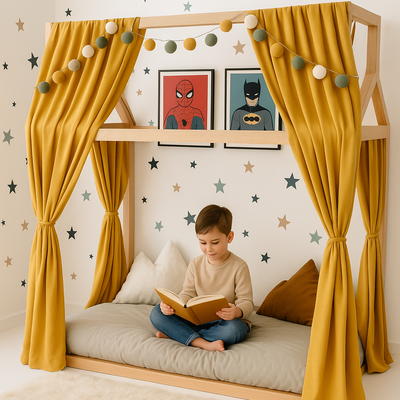 enfant dans ciel de lit cabane garcon