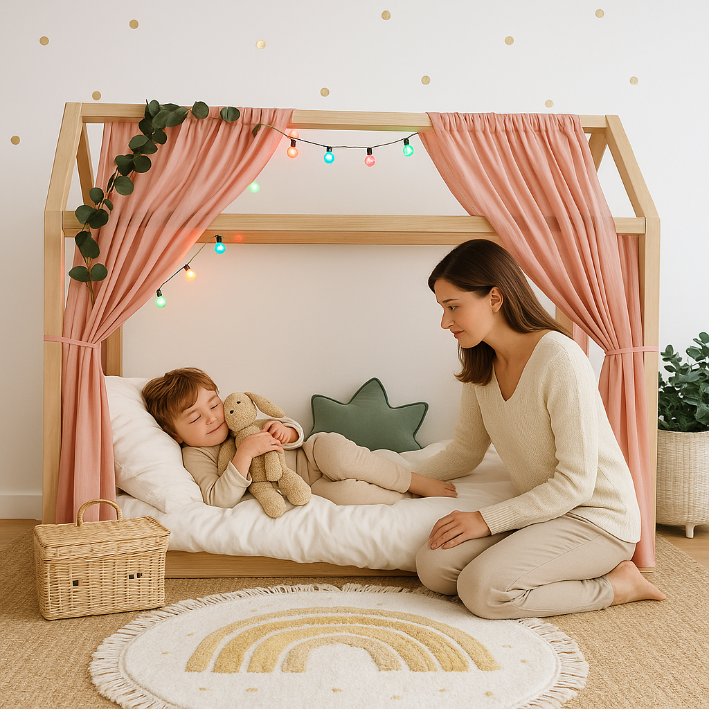 enfant dans ciel de lit cabane rose saumon