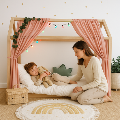 enfant dans ciel de lit cabane rose saumon