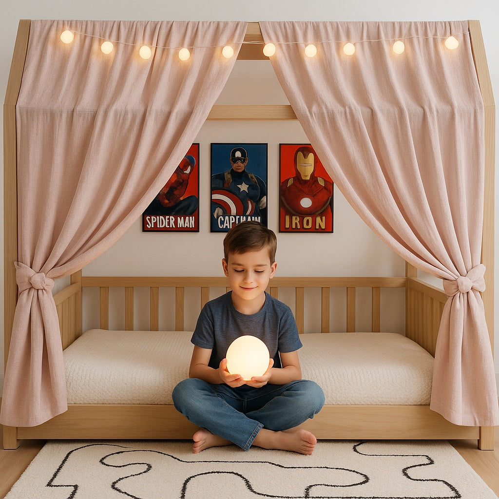 enfant dans ciel de lit enfant garcon rose muecabane