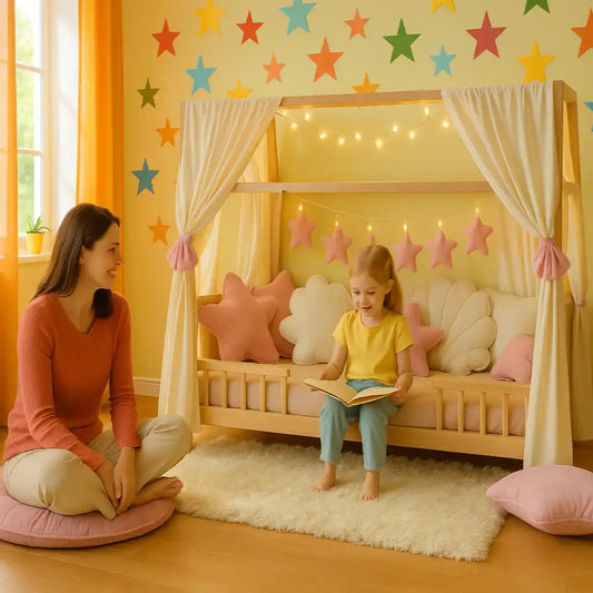 enfant dans ciel de lit lit cabane beige