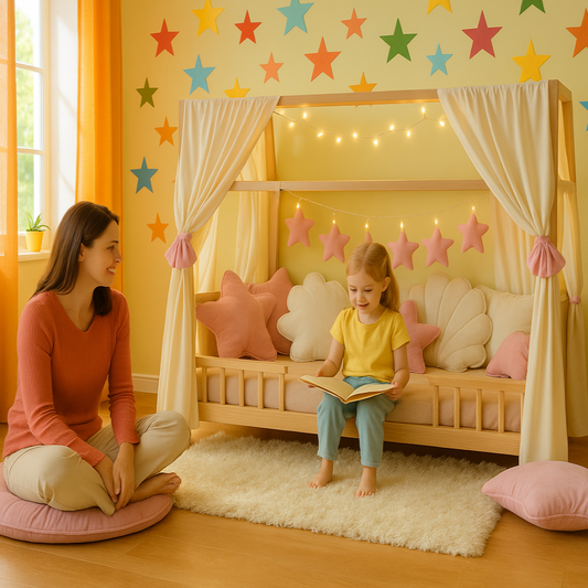enfant dans ciel de lit lit cabane beige 