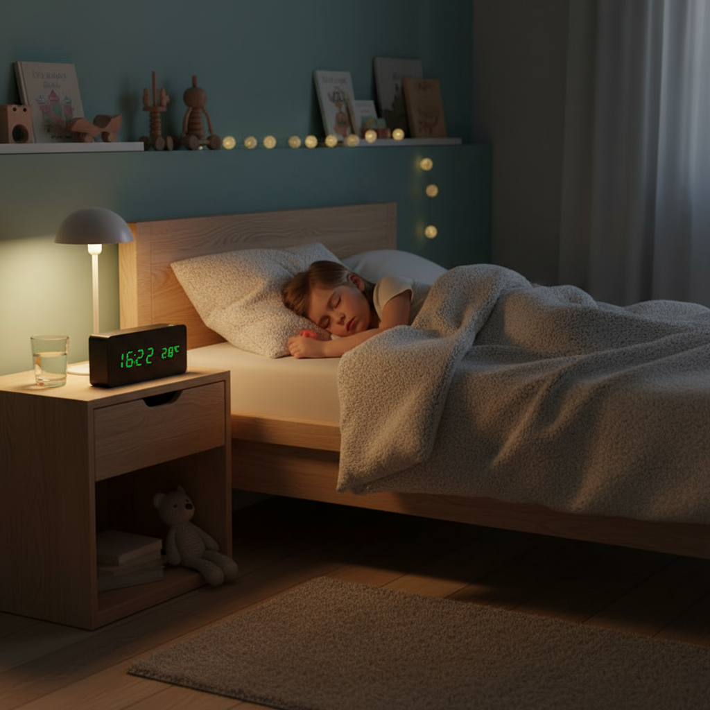 enfant dans son lit avec reveil numerique en bois precisclock
