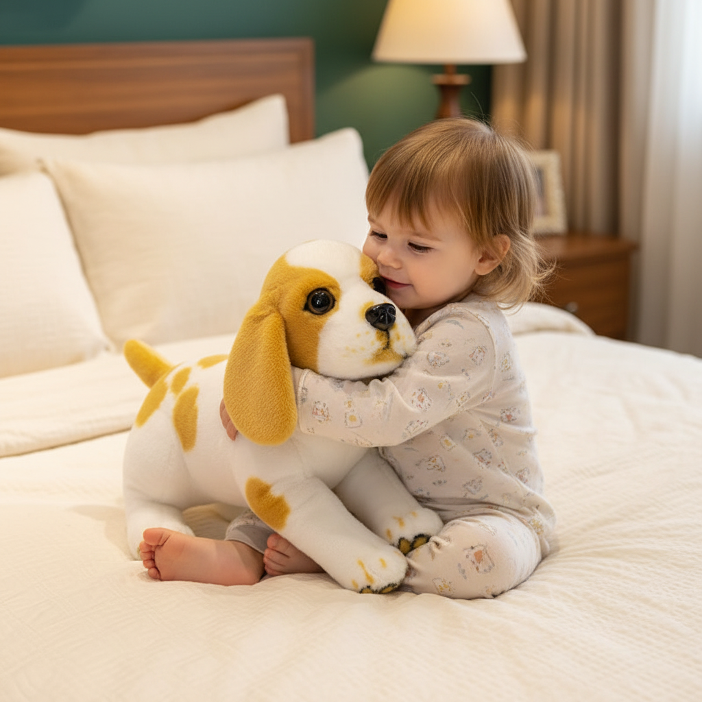 Enfant de 2 ans câlinant la peluche chiot  PuppyDoll blanc
