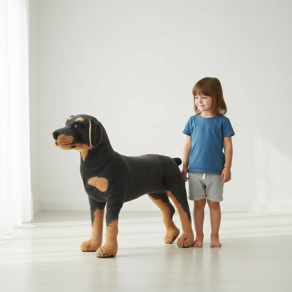 enfant de 5 ans avec peluche chien de 70 cm
