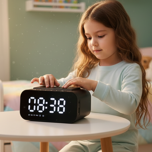 Enfant de 9 ans réglant le réveil MirorClock noir