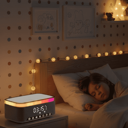 Enfant dormant avec le réveil en veilleuse