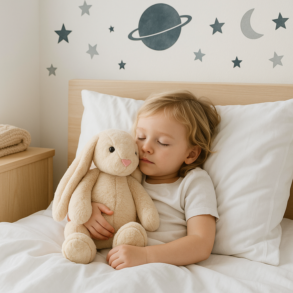 enfant dort avec son lapin en peluche fourrure douce