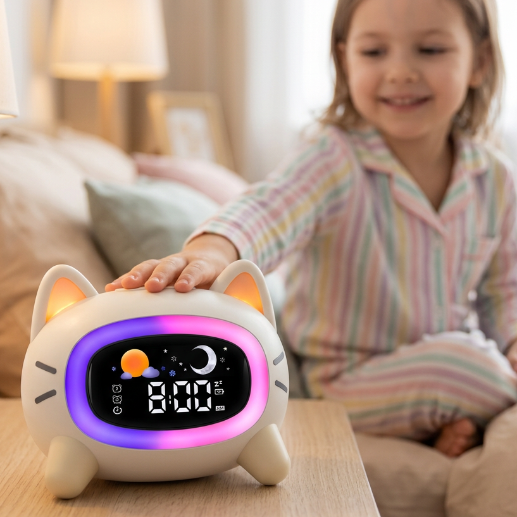 Enfant en interaction avec le réveil chat