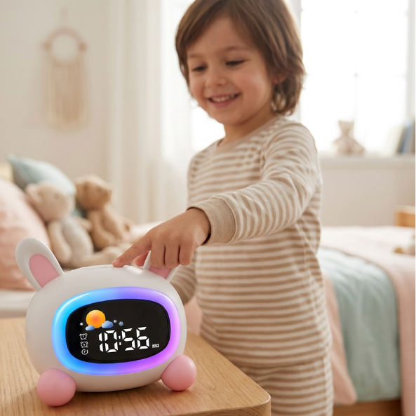 Enfant en interaction avec le réveil lapin