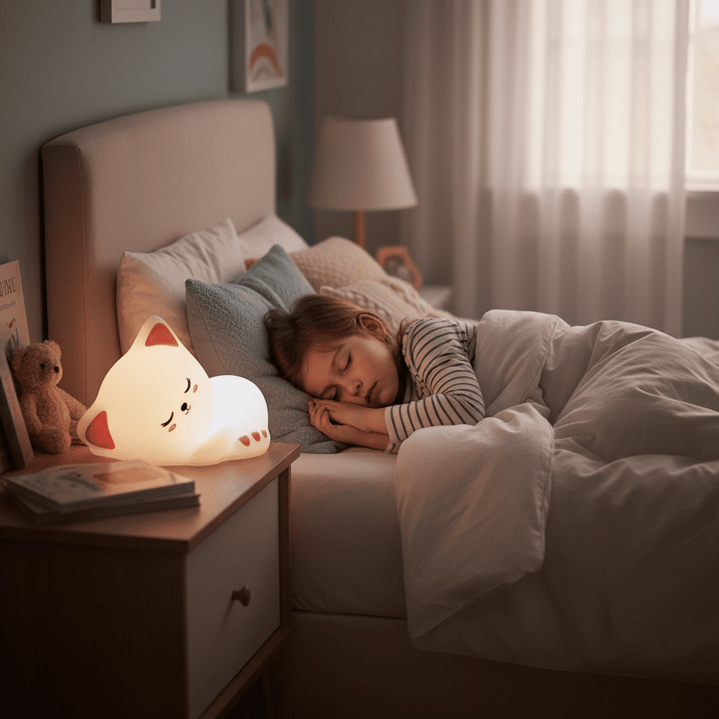 enfant en sommeil avec veilleuse chat chatdort