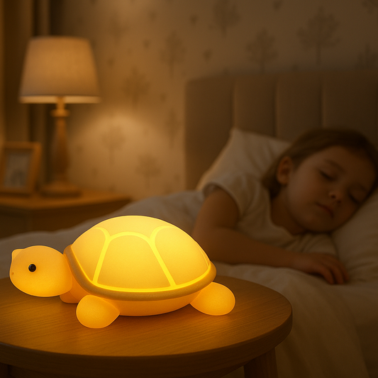 enfant endormi avec la tortue veilleuse MueLamp