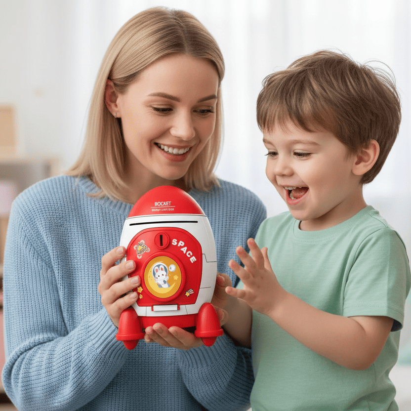 enfant et maman avec tirelire enfant fusée spatiale muegalactica rouge