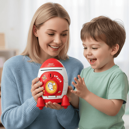 enfant et maman avec tirelire enfant fusée spatiale muegalactica rouge
