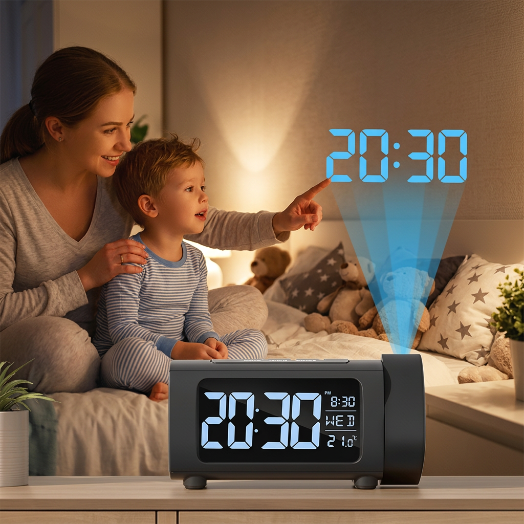 Enfant et parent découvrant la projection du réveil Nocturne