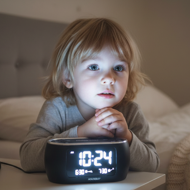 Enfant fasciné par l'affichage LED du réveil veilleuse 