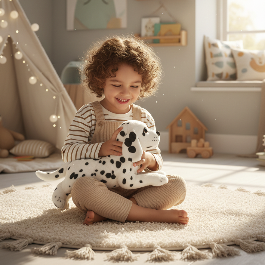 Enfant jouant avec la peluche chien dalmatien PuppyDoll