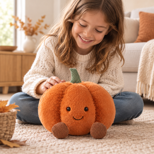 Enfant jouant avec la peluche citrouille