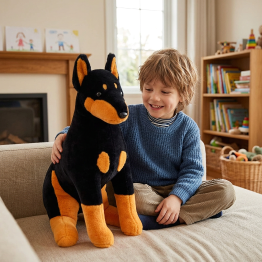 Enfant jouant avec la peluche sur un canapé