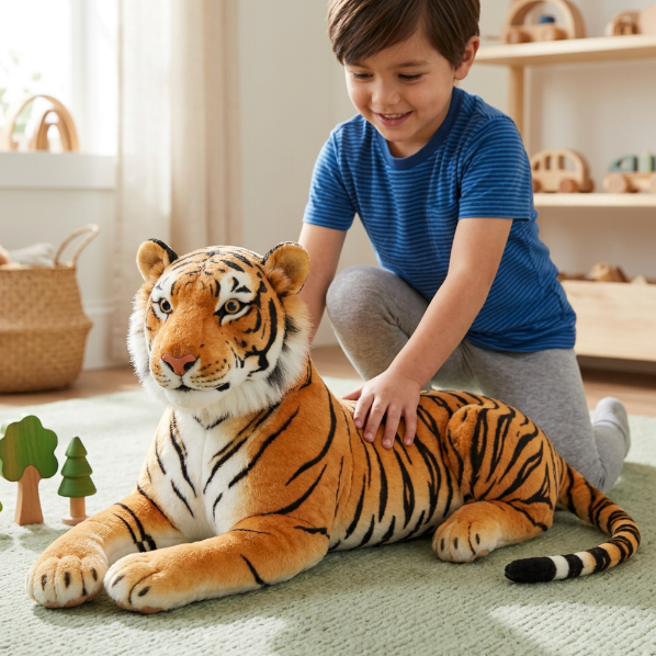 Enfant jouant avec la peluche tigre animalin