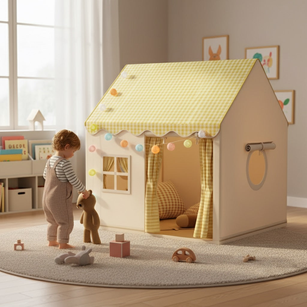 enfant jouant avec la tente d'interieure jaune cabanepliante