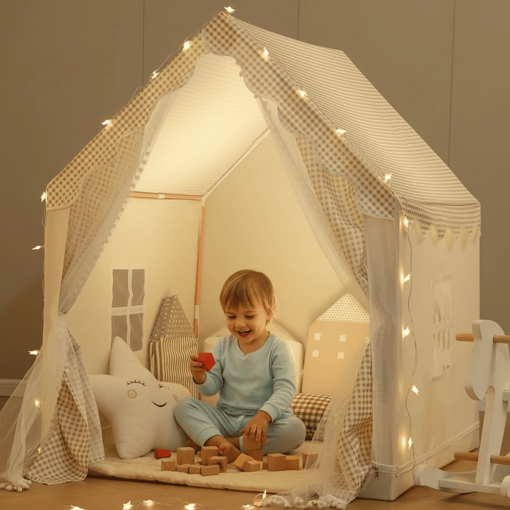 enfant jouant dans la tente enfant cabane intérieur magispace avec guirlandes