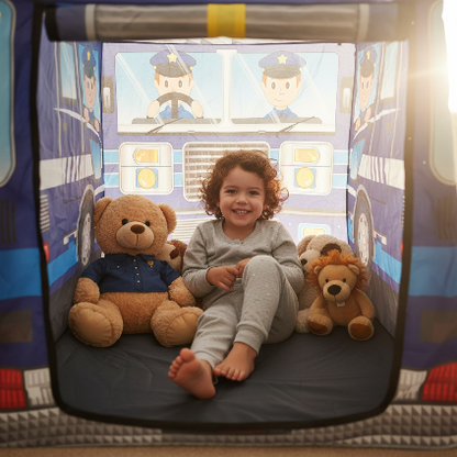 enfant jouant dans tente enfant autocar police autotent avec peluches 