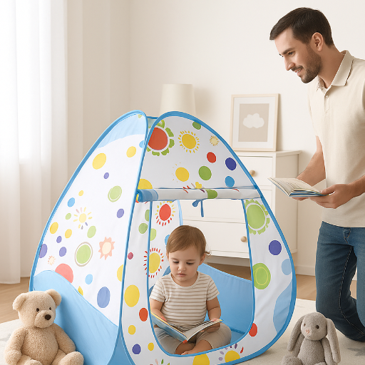 enfant jouant dans tente enfant bleue