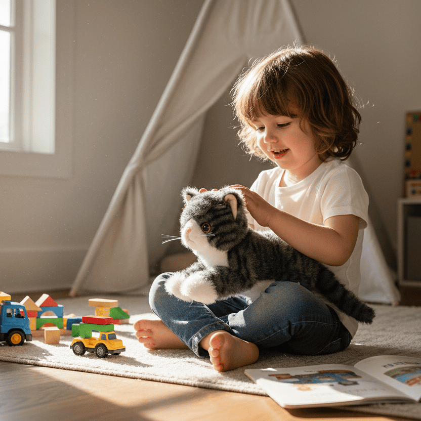 enfant jouant peluche chat realiste gris catdoll