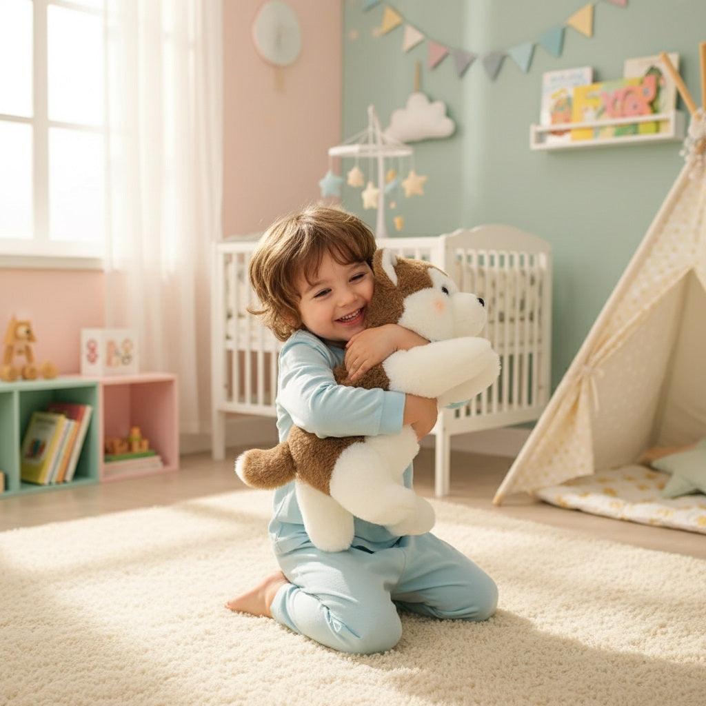 enfant joue avec peluche chien brun douxcalin