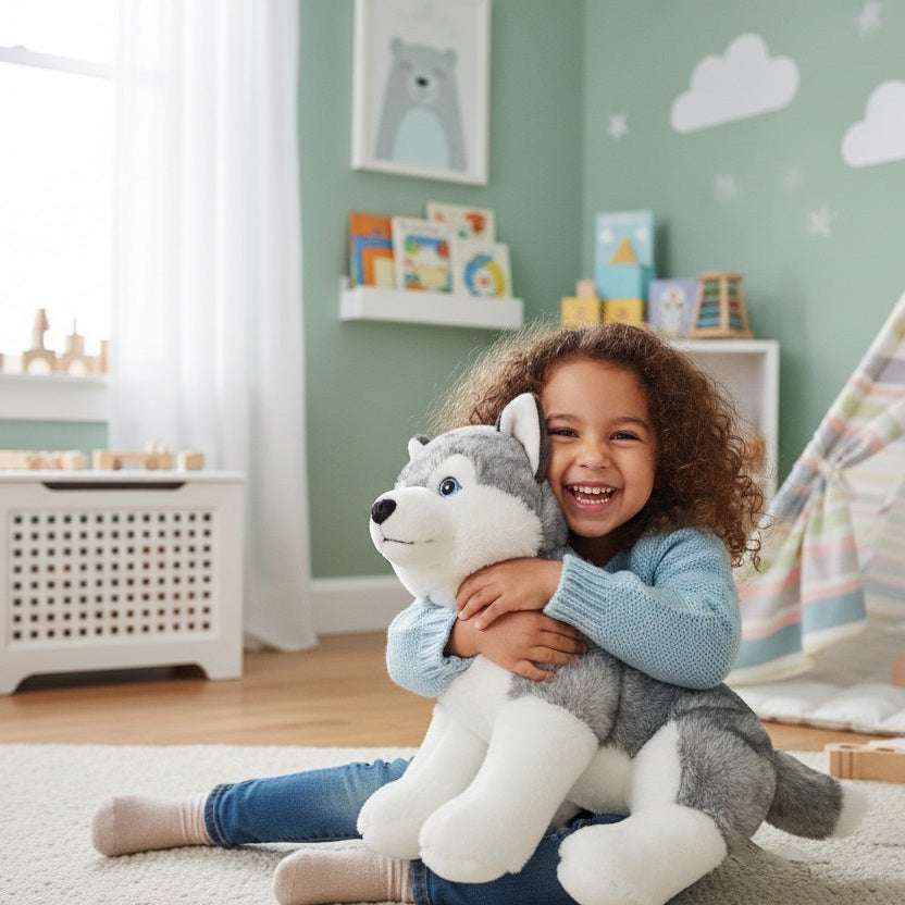 enfant joue avec peluche chien douxcalin