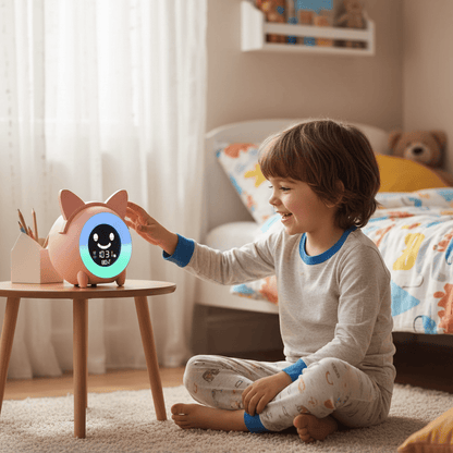 enfant joue avec reveil enfant joyeuxmatin chat rose