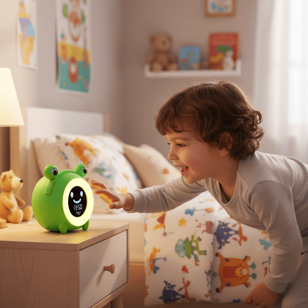 enfant joue avec reveil enfant joyeuxmatin grenouile