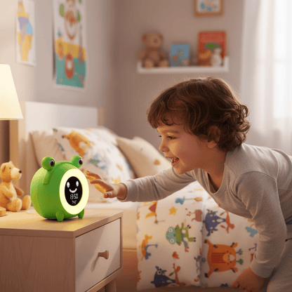 enfant joue avec reveil enfant joyeuxmatin grenouile
