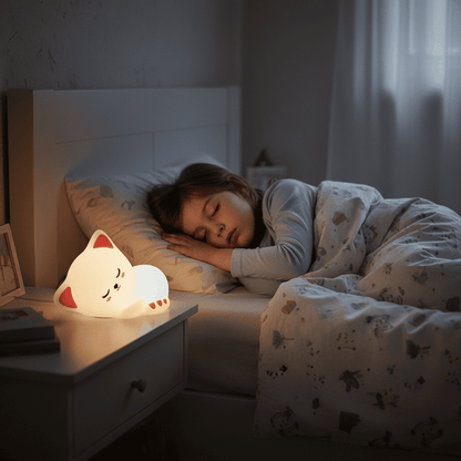 enfant la nuit avec veilleuse chat chatdort