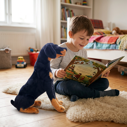 Enfant lisant avec la peluche rottweiler à ses côtés