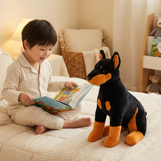 Enfant lisant avec la peluche chien réaliste 