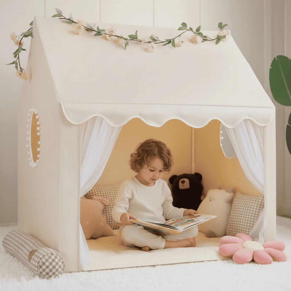 enfant lisant dans cabane enfant interieur widetent khaki