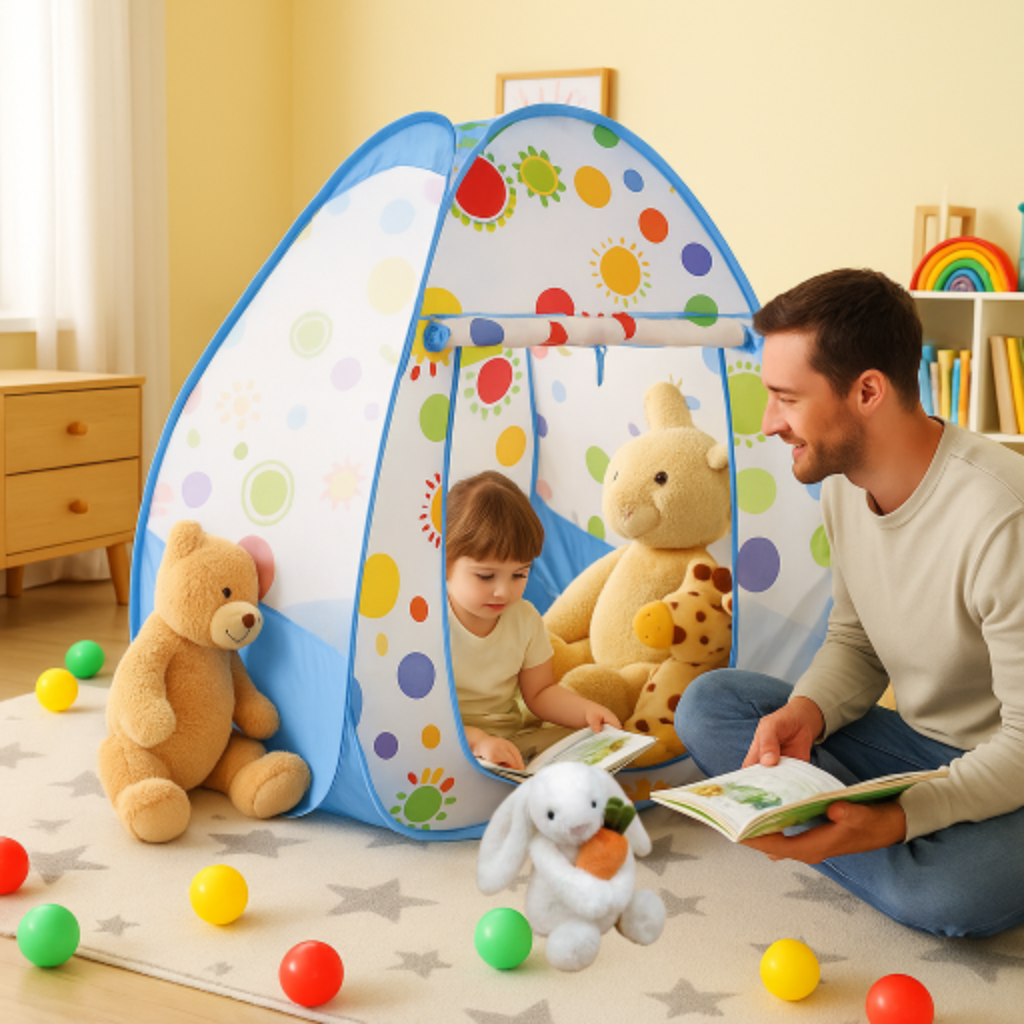 enfant lisant dans tente enfant bleue