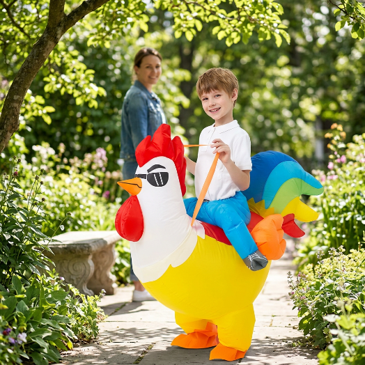 Enfant portant le costume de coq jaune au jardin