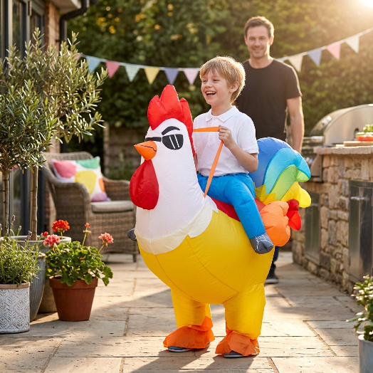 Enfant portant le costume de coq jaune sur une terrasse