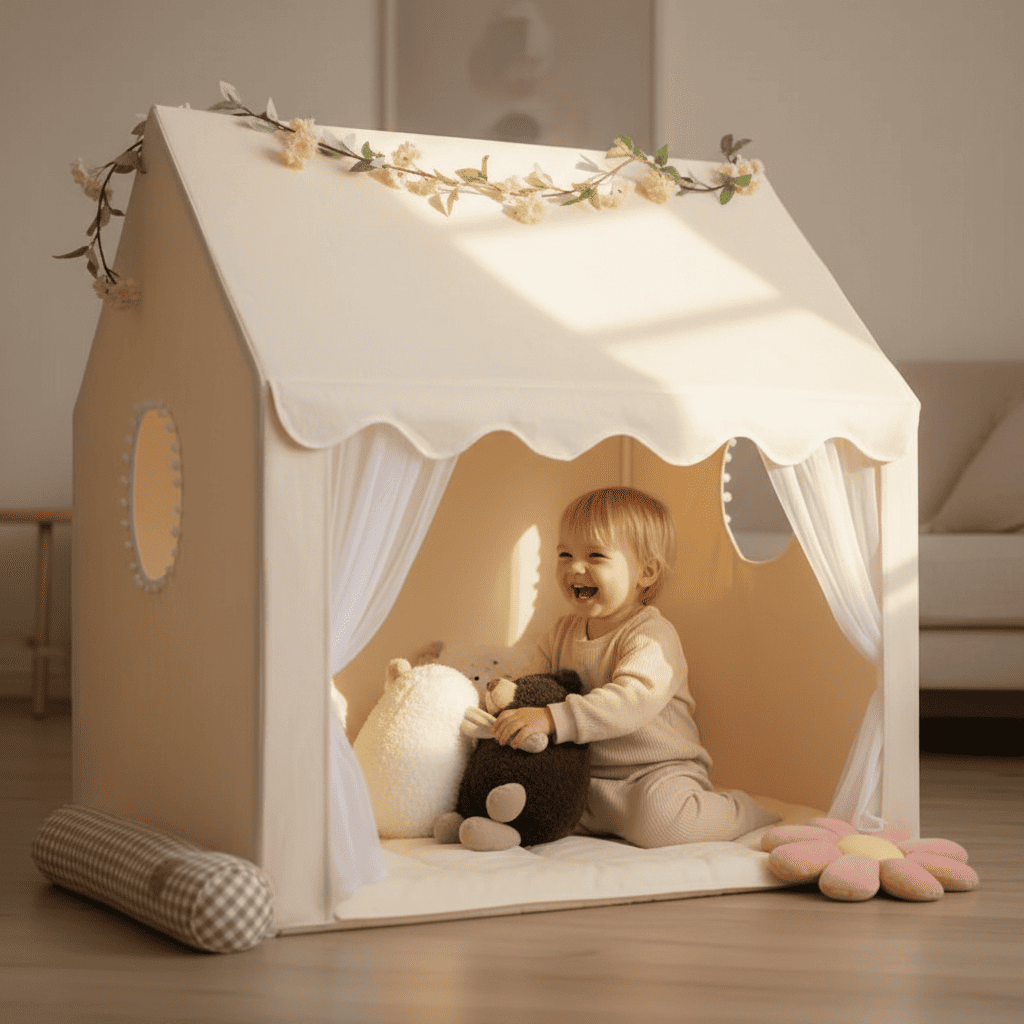 enfant qui joue dans cabane enfant interieur widetent beige