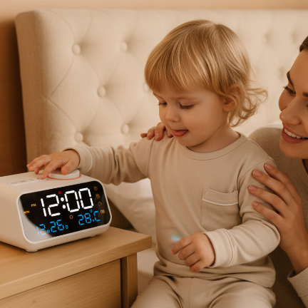 Enfant réglant son réveil MueAlarme avec parent fier