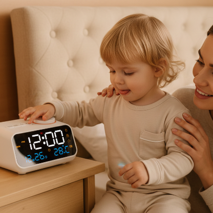 Enfant réglant son réveil MueAlarme avec parent fier
