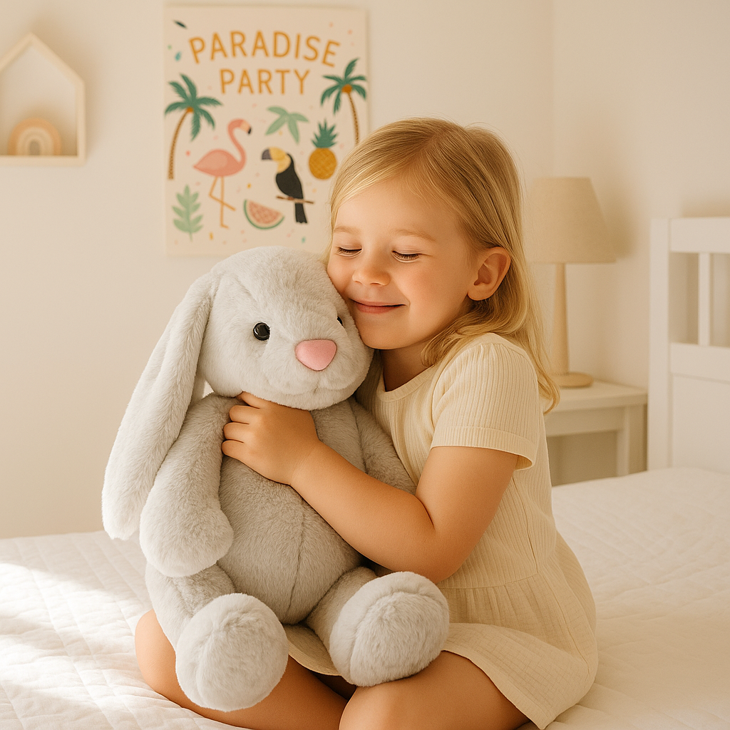 enfant serre son lapin en peluche fourrure caline