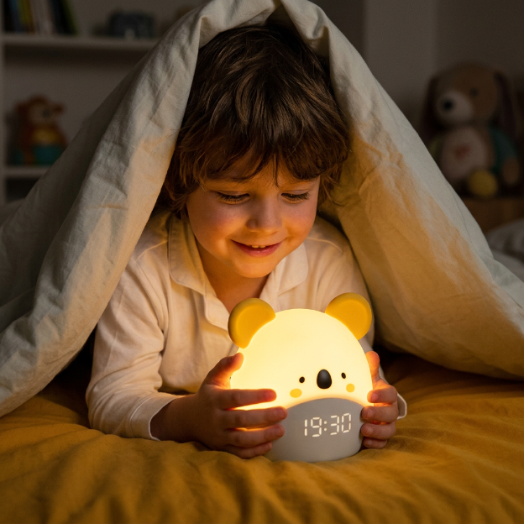 Enfant sous une couverture avec le reveil veilleuse lumineuse aniclock