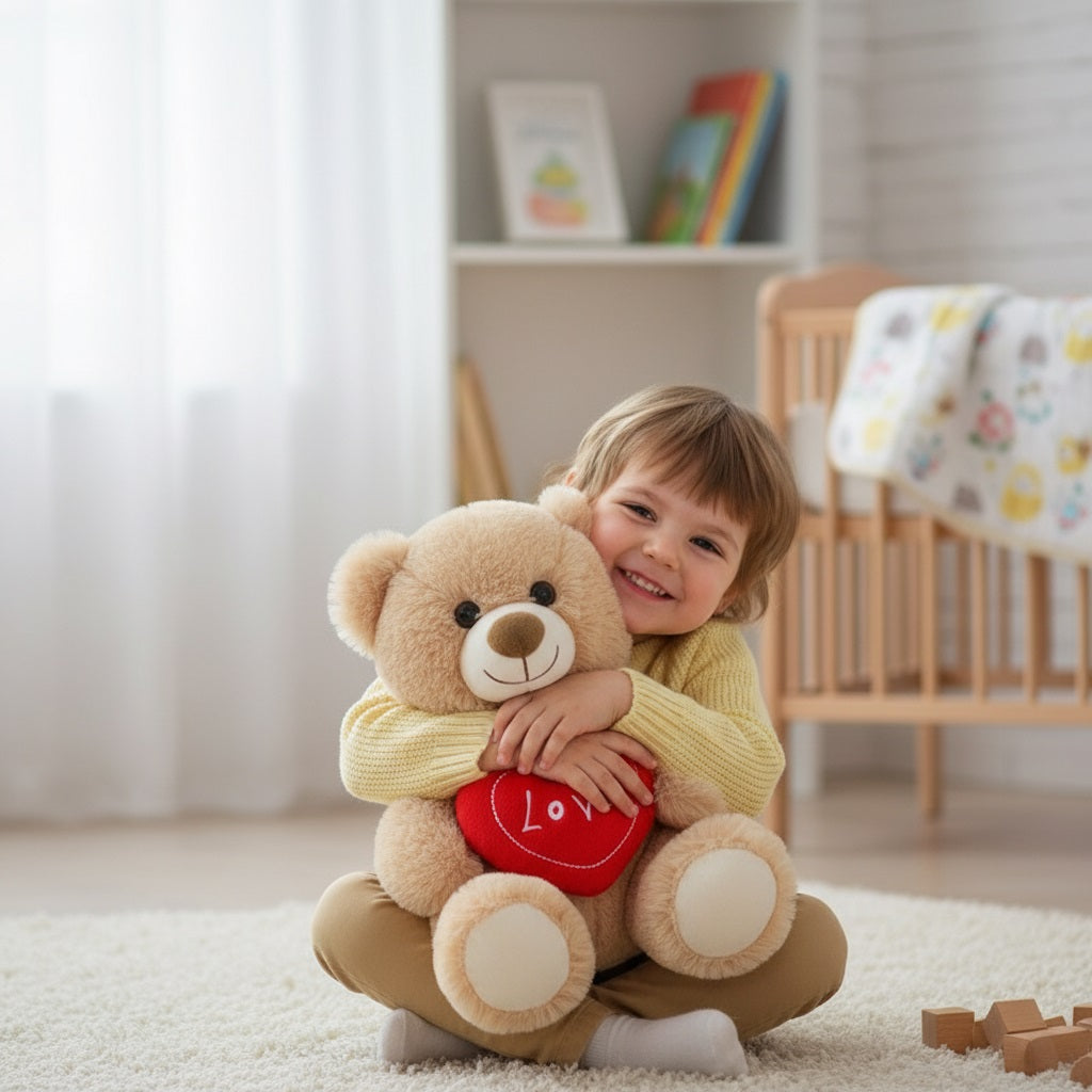 enfant tenant ours en peluche brun coeur love muebear